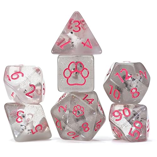 Gate Keeper Games and Dice: Inclusion Dice: Cat Dice – 7-teiliges RPG-Set, grau mit weißer Kätzchenfigur, rosa Ziffern, 7 Harzwürfel für Rollenspiele von Gate Keeper Games & Dice