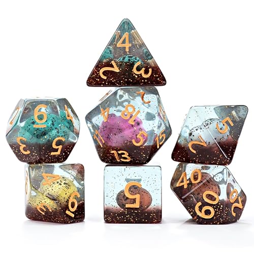 Gate Keeper Games and Dice: Inclusion Dice: Dinosaurier-Eier – 7-teiliges RPG-Set, mehrfarbige Dino-Eier und brauner Glitzer in klarem Harz, Rollenspiele von Gate Keeper Games & Dice