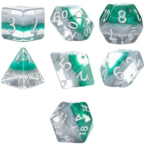 Gate Keeper Games & Dice: Eclipse Dice Elven – 7-teiliges RPG-Würfel-Set, Silber & Sylvan Grün, 7 Harzwürfel für Rollenspiele, 4-lagig, polyedrisch von Gate Keeper Games & Dice