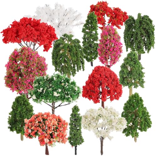 Gatuida 16 Stück Modellbäume: Miniaturbäume Gemischtes Diorama Bunte Blumenbäume Gras Feengarten Baumpflanze Für Gärten Landschaftsbaumodell von Gatuida
