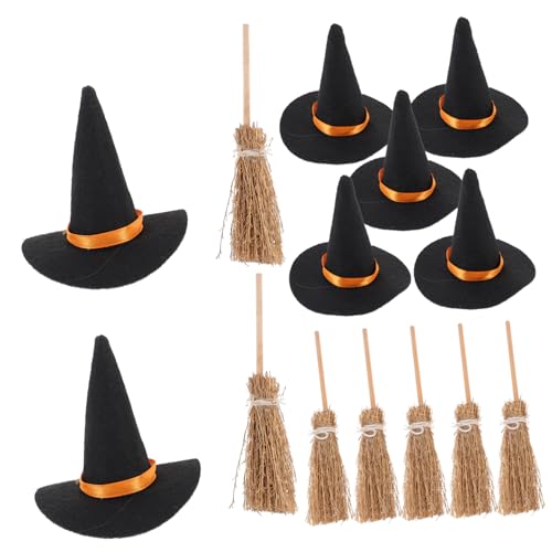 Gatuida 7 Satz Mini-Hexenhut Halloween Kinderbesen Tür Flaschendeckel mit Hexenhut Mini Party Hüte puppenkleidung Party Dekoration Miniatur-Hexenhutbesen kleine hexenhut Dekoration Stoff von Gatuida