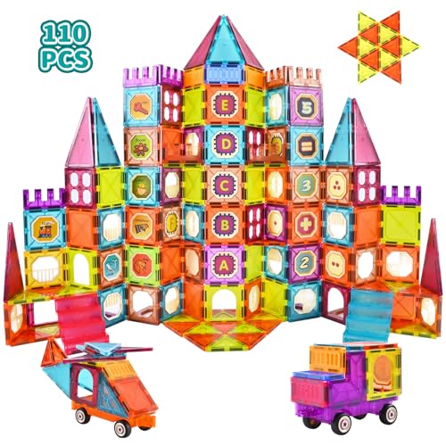 Gavgroom Magnetische Bausteine, 110 Teile Magnetbausteine buntes Magnet Spielzeug Kinder mit 2 Auto, Magnet Bausteine für Kinder ab 3 4 5 6 7 8 von Gavgroom