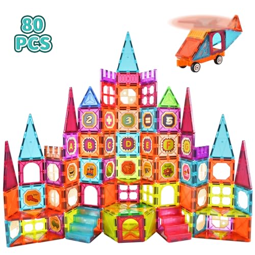 Gavgroom Magnetische Bausteine, 80 Teile Magnetbausteine buntes Magnet Spielzeug Kinder mit 1 Auto, Magnet Bausteine für Kinder ab 3 4 5 6 7 8 von Gavgroom