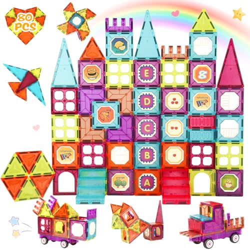 Gavgroom Magnetische Bausteine 80pcs für Kinder ab 3+ Jahre mit Puzzlestücken und Aufklebern3D Starke Magnet STEM Spielzeug Montessori Lernspielzeug Geschenk von Gavgroom