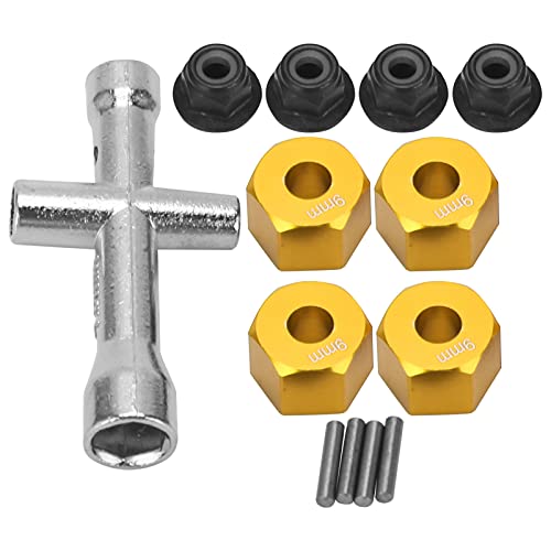 Gavigain 12-mm-Rad-Sechskant-Naben-Adapter, 9 mm Dicke Aluminiumlegierung, M4-Flansch-Sicherungsmuttern, Kreuzschlüssel-Set, Upgrade-Teile-Set für RC-Automodell 1/10 (Gold) von Gavigain