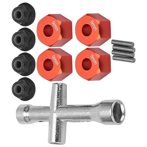 Gavigain 12-mm-Rad-Sechskant-Naben-Adapter, 9 mm Dicke Aluminiumlegierung, M4-Flansch-Sicherungsmuttern, Kreuzschlüssel-Set, Upgrade-Teile-Set für RC-Automodell 1/10 (Red) von Gavigain