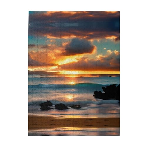 Beach Maui Hawaii Sonnenuntergang Meer Wellen Wolken individuelles Bilderpuzzle – verführerisches Puzzle – ideal für Familienfreizeit, 500 Teile Puzzles für Erwachsene von GaxfjRu