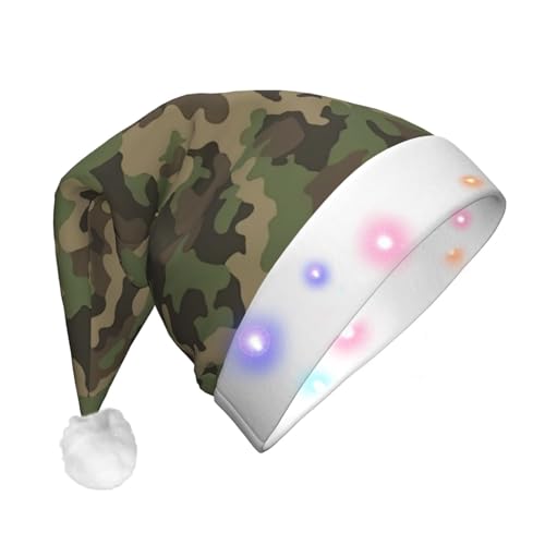 GaxfjRu Grüner Camouflage-Druck, Unisex, Samt-Weihnachtsmannmütze für Weihnachten, Party, klassische Weihnachtsmannmütze, Weihnachtsmütze mit buntem LED-Lichtstreifen von GaxfjRu