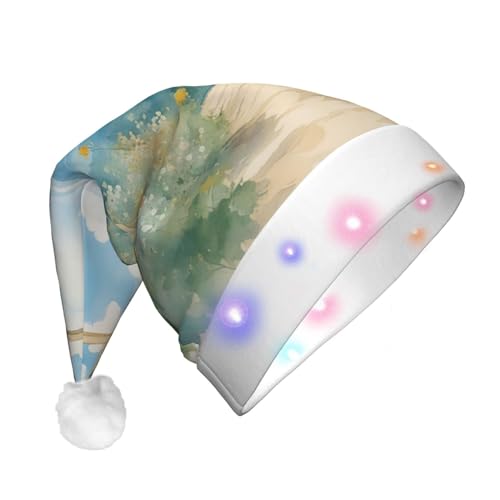 GaxfjRu Klassische Weihnachtsmütze mit Aquarell-Druck, mit buntem LED-Lichtstreifen, Unisex, Samt, Weihnachtsmannmütze für Weihnachtsfeiern von GaxfjRu