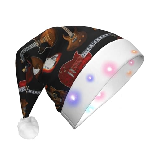 GaxfjRu Unisex-Weihnachtsmannmütze mit Gitarren-Aufdruck, Samt, für Weihnachten, Party, klassische Weihnachtsmannmütze, Weihnachtsmütze mit buntem LED-Lichtstreifen von GaxfjRu