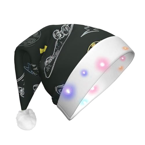 Graffiti-Skateboard-Druck, Unisex, Samt, Weihnachtsmannmütze für Weihnachten, Party, klassische Weihnachtsmannmütze, Weihnachtsmütze mit buntem LED-Lichtstreifen von GaxfjRu