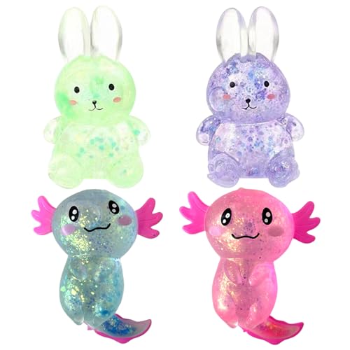 4pcs Squeeze Toy Rabbit & Axolotl -Form niedliches lebendiges belastbares Stressspielzeug Stressabbau Spielzeug Glitzer Angst und Stressbekämpfung Spielzeug für Kinder, Erwachsene, zufällige Far von Gcroet