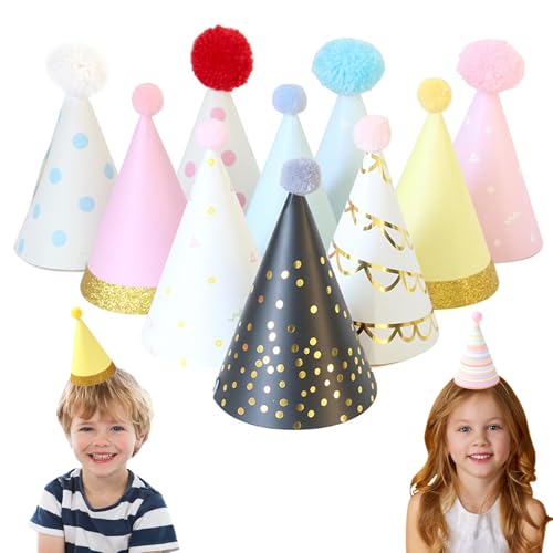 Gcroet 10pcs Partyhüte 4x6.7in Buntes Geburtstagshüte mit Pom Poms Zufallsstil Geburtstagskegelhüte mit elastischen Strücken Geburtstag dekorativen Hut für Kinder Erwachsene.. von Gcroet