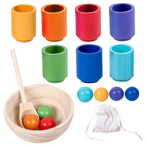 Gcroet Farbsortierspielzeug für Kleinkinder Regenbogenbälle im Cup -Spiel Holz Sorter -Spiel -Farbspielzeug mit Schalen-, Löffel- und Aufbewahrungstag -Bildungsspielzeug für 3 -Jährige. von Gcroet