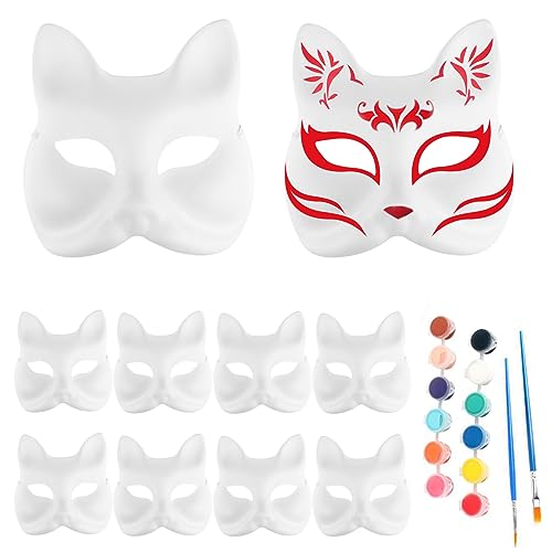 Gcroet Fox Mask 10pcs DIY Cat Mask Cosplay Blank Halloween Gesichtsmaske mit 12 Farbenpigmenten und 2 Bürsten handbemalte weiße Papiermasken für Halloween-Party-Cosplay. von Gcroet