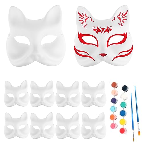 Gcroet Fox Mask 10pcs DIY Cat Maske Cosplay Blank Halloween Gesichtsmaske mit 12 Farbenpigmenten und 2 Bürsten handbemalte weiße Papiermasken für Halloween-Party-Cosplay. von Gcroet