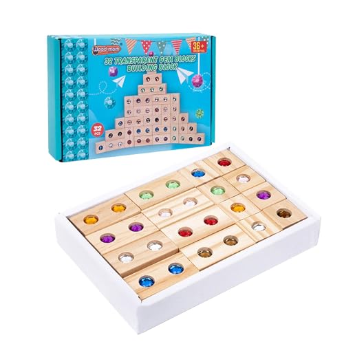 32 Stück Holzbausteine-Set, Regenbogen-Stapelspielzeug Aus Holz Mit Acryl Edelstein,Regenbogen-Stapelblock, Blöcke Spielzeugset, Gebäude Stapelwürfel Stapelturmspiel, Kinder Holzbausteine-Set von Gdnhovfnxe