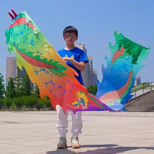 GeOinQL Spinndrachen Poi,. Drachentanz-Bandluftschlangen – 2 m/3 m/5 m, Schüler Schleudern Poi/Tänzer, Körperübungs-Shake-Flag-Drachen mit Drachenkopf-Requisiten, Bandwaage(Colorful,5 m/16.4ft long) von GeOinQL