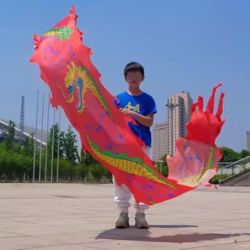 GeOinQL Spinndrachen Poi,. Drachentanz-Bandluftschlangen – 2 m/3 m/5 m, Schüler Schleudern Poi/Tänzer, Körperübungs-Shake-Flag-Drachen mit Drachenkopf-Requisiten, Bandwaage(Red,3 m/10ft long) von GeOinQL