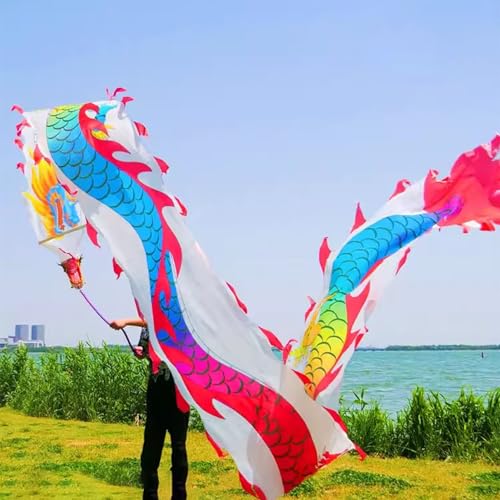 GeOinQL Spinndrachen Poi,. Dragon Poi Regenbogen-Drachentanzband, Seiden-Streamer-Drachen for draußen, Fitness-Schüttel-Poi mit Kopf, waschbares Trainingsgerät for Sport-Fliegenflaggen(8 m/26ft long) von GeOinQL