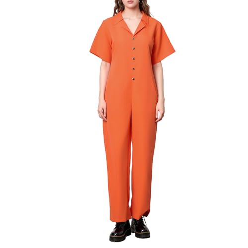 Geagodelia Halloween Gefangenenkostüm Damen Revers Vorne Reißverschluss Overall Gefängnis Kriminelle Cosplay Kleidung Karneval Halloween Dress Up Party Cosplay (Standard, L, Orange Frau) von Geagodelia