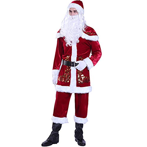 Geagodelia Weihnachtsmann Kostüm Set für Herren Männer Jacke + Hose + Stola + Gürtel + Mütze + Bart + Handschuhe + Schuhebedeckung Nikolaus Kostüm Weihnachtskostüm Weihnachten Outfit Kleidung (XL) von Geagodelia