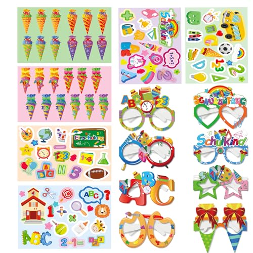 Einschulung Sticker Schulanfang Aufkleber& Brille Set für Mädchen Jungen, Schuleinführung Deko Sticker Set und Geschenkidee zum Schulanfang - Schultüte Basteln für Schulkind Schulanfang Geschenke von Geananao