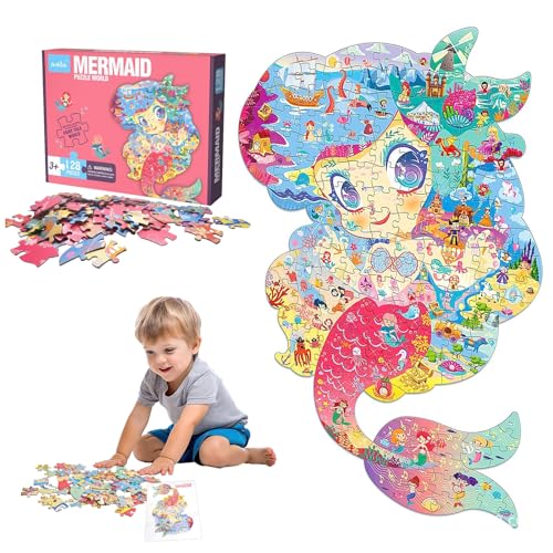 Gebiuhoo Puzzle Meerjungfrau für Kinder 128 Teile Mermaid Puzzle Cartoon Kinderpuzzle mit Geschenkbox Jigsaw Spielzeug Nahtlose Nähte für ab 4, 5, 6, 7, 8, 9, 10, 11, 12 Jahren Jungen Mädchen von Gebiuhoo