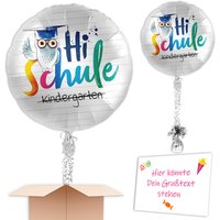 Folienballon Einschulung "Hi Schule" mit Eulenmotiv gefüllt u. Karte von Geburtstagsfee