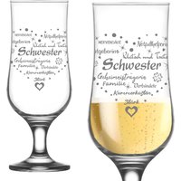 Graviertes Bierglas "Schwester" mit positiven Eigenschaften in Herzform von Geburtstagsfee