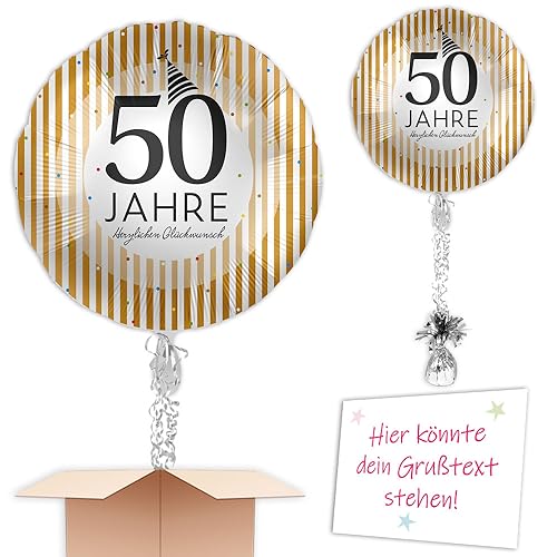 Heliumballon 50. Jubiläum inkl. Heliumfüllung Schmuckband u. Gewicht Motiv: Rund Gold-Schwarz zum verschenken oder versenden an eine andere Lieferadresse - Mit Karte von Geburtstagsfee