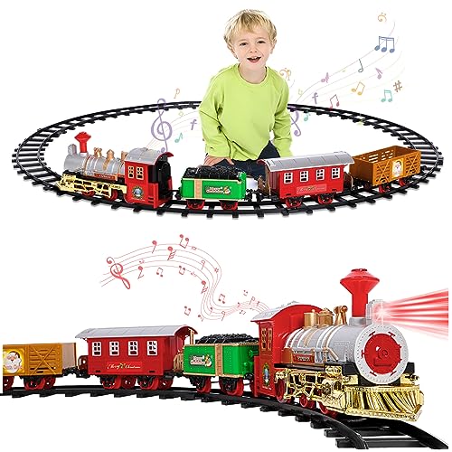 Elektrischer Zug für Kinder, elektrischer Weihnachtsbaumzug, klassische Dampflokomotive mit Licht und Sound, klassische elektrische Züge Spielzeug mit Schienen, Weihnachtsgeschenk Spiele von Geegear