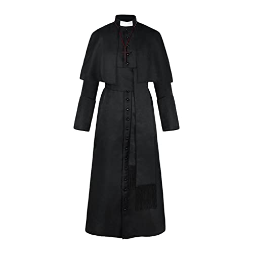 Gefomuofe Halloween Priester Mittelalter Kleidung Retro Cosplay Kostüm Volltonfarbe Knopf Maskerade Kostüm Damen Schwarz Priester Robe mit Halskette, Gürtel und Kleid von Gefomuofe