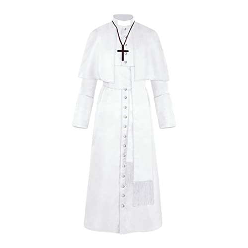 Gefomuofe Halloween Priester Mittelalter Kleidung Retro Cosplay Kostüm Volltonfarbe Knopf Maskerade Kostüm Damen Schwarz Priester Robe mit Halskette, Gürtel und Kleid von Gefomuofe