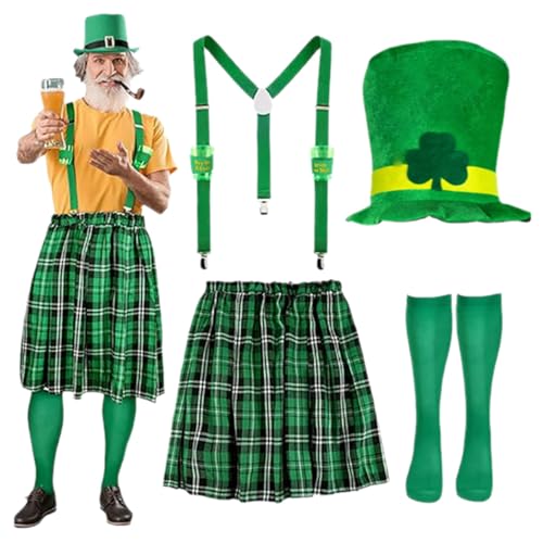 Gefomuofe St. Patricks Day irisches Kostüm-Set Grün karierte Schürze Kellner Urlaub Party hohen Hut Set mit Rock,Socken, Hut,Rückenklammerriemen von Gefomuofe