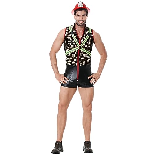 Herren Halloween Kostüm Erwachsene Reflektierendes Feuerwehrmann Kostüm Einteilige Anzüge Klassische Mittelalterliche Vampir Halloween Kostüm Uniform Robbie für Herren Rollenspiel Sins Cosplay von Gefomuofe