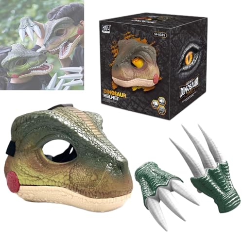 Gehanico Dinosaurier Maske mit beweglichem Kiefer Dino Maske mit Soundeffekten Realistische Dinosaurier Klaue Kopf Gesichtsmaske Halloween Beweglicher Mund Party Cosplay Requisiten (Grün) von Gehanico