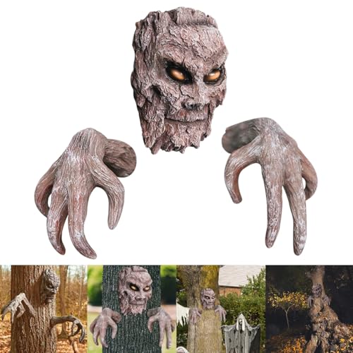 Gehanico Halloween Horror Tree Face Witch's Hand Decor Set Statues | Halloween Tree Bark Faces Decor Outdoor | Demon Tree Bark Ghost Face Decoration Yard Art (1 Satz) von Gehanico