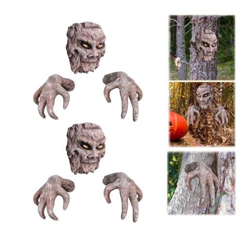 Gehanico Halloween Horror Tree Face Witch's Hand Decor Set Statues | Halloween Tree Bark Faces Decor Outdoor | Demon Tree Bark Ghost Face Decoration Yard Art (2 Satz) von Gehanico