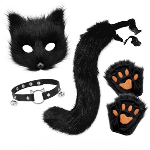 Gehanico Maske Kunstpelz Fuchsschwanz Katze Set Plüsch Maske Flauschige Pfotenhandschuhe Cosplay Kostüm Set für Valentinstag Aprilscherz Party Flauschige Pfotenhandschuhe Kostüm Set für Mädchen Frauen von Gehanico