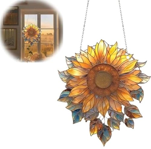 Gehanico Sonnenblumen-Fenster zum Aufhängen, 2024, Buntglas, Sonnenblume, Acryl, Blumenfenster, zum Aufhängen, Sonnenblumen-Sonnenfänger für Fenster, Wand, Außenbereich, Gartendekoration (1 Stück) von Gehanico