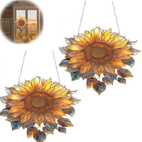 Gehanico Sonnenblumen-Fenster zum Aufhängen, 2024, Buntglas, Sonnenblume, Acryl, Blumenfenster, zum Aufhängen, Sonnenblumen-Sonnenfänger für Fenster, Wand, Außenbereich, Gartendekoration (2 Stück) von Gehanico