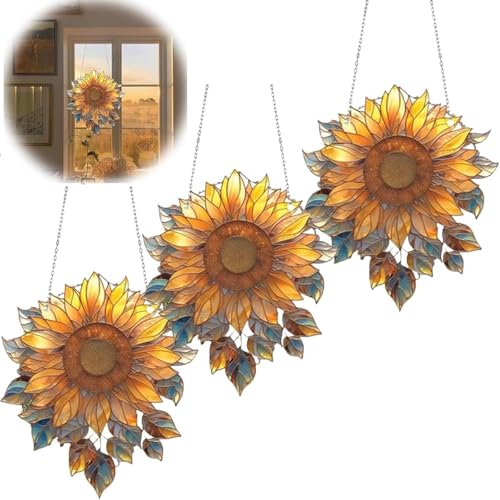 Gehanico Sonnenblumen-Fenster zum Aufhängen, 2024, Buntglas, Sonnenblume, Acryl, Blumenfenster, zum Aufhängen, Sonnenblumen-Sonnenfänger für Fenster, Wand, Außenbereich, Gartendekoration (3 Stück) von Gehanico