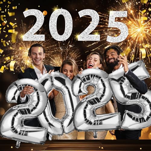 Gejoy 2025 Luftballons 40 Zoll Zahlenballons für 2025 Silvester Festival Party Supplies Folie Happy New Year Dekorationen Ballons Abschlussfeiern Geburtstag Party Supplies (Silber) von Gejoy