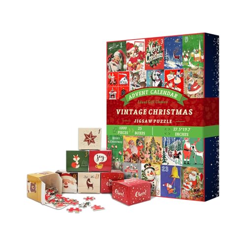 Arbeitstimer Adventskalender 2024 Weihnachtspuzzle für Erwachsene 1000 Teile Weihnachtskalender Vintage Puzzle Winterurlaub Puzzle Lehruhr Uhr für Kinder (Rot, 29 x 22 cm) von Gelb&Schwarz