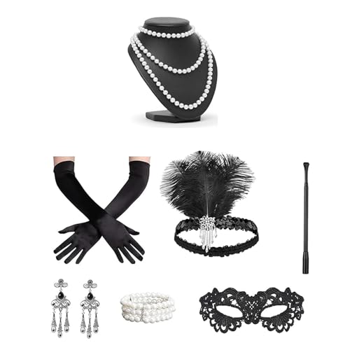 Gelb&Schwarz 1920er Flapper-Zubehör-Set – 20er-Jahre Accessoires für Damen, 1920er-Zubehör-Set mit Flapper-Stirnband, Spitzen-Augenmaske, Handheld-Requisite, Halskette, Armband und Ohrringen von Gelb&Schwarz