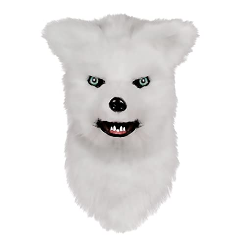 Gelb&Schwarz Beweglicher Mund weiße Gesichtsmaske Kostüm Cosplay Mund Mover Wolf Gesichtsmasken Plüsch Faux Anzug für Halloween Party Weiß Realistische Halloween Maske (AB-Weiß, Einheitsgröße) von Gelb&Schwarz