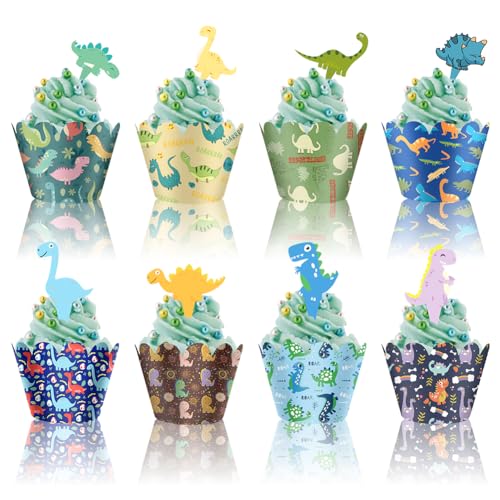 48 Stück Dinosaurier Cupcake Topper und Wrapper, Niedlicher Dino für Jungen und Mädchen, Kindergeburtstag, Babyparty, Jurassic Park Motto-Party Kuchendekorationen von Geluode