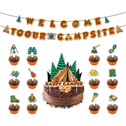 Camping Party Dekoration Set Welcome To Our Campsite Banner Wimpelkette Happy Camper Kuchen Cupcake Topper Camper Zelt Girlande für Yard Camp Out Camping Geburtstag Wildnis Abenteuer Party Dekor von Geluode