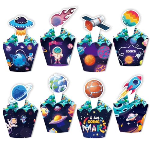 Cupcake-Topper und Wrapper mit Weltraum-Motiv für Kinder Baby Jungen Mädchen, 48 Stück Astronauten-Rakete UFO-Planeten-Muster Cupcake Dekorationen für Geburtstag, Babyparty, Partyzubehör von Geluode